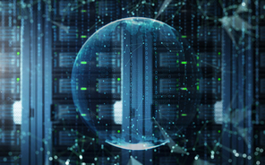 Abstract blur virtual world with server room and sharp binary code ,big data storage network and cloud computing technology concept .