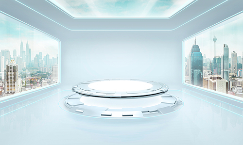 Futuristic pure white interior design of modern showroom with large windows and city urban landscape . Mixed media .