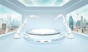Two rendering assembly robot arm in futuristic lab with large windows and city urban landscape . Mixed media .