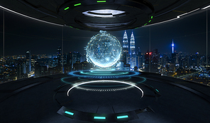 Futuristic interior design empty space room with virtual globe with connected dots wireless communication network on space and . Global business concept . Mixed media .