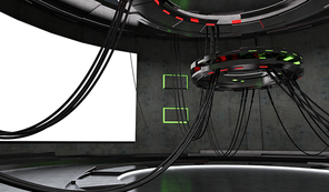 Futuristic and Sci-Fi design spaceship interior with blank white screen background . 3d illustration rendering .