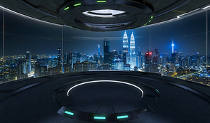 Futuristic interior design empty space room with large windows and city urban landscape . 3d illustration rendering . Mixed media .