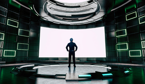 Businessman looking and thinking front of high technology control room with blank big screen   . Mixed media .