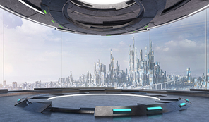 Futuristic interior design empty space room with large windows and futuristic city urban landscape . 3d illustration rendering .