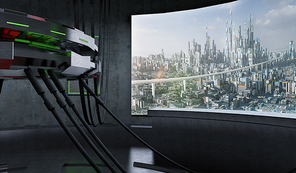 Futuristic and Sci-Fi design spaceship interior with modern city on screen  . 3d illustration rendering .