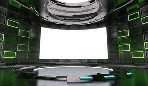 Futuristic and Sci-Fi design stage interior with neon light and blank  screen background . 3d illustration rendering .