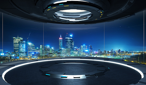 Futuristic interior design empty space room with large windows and city urban landscape . 3D rendering and real images mixed media .
