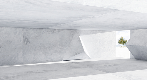 Abstract futuristic geometric pattern concrete design interior . 3D rendering .