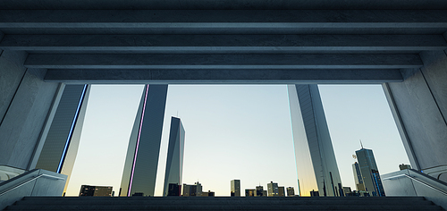 Exit of the station underground with modern city sunrise view. 3d rendering