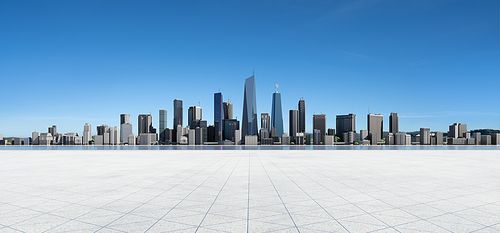 Panoramic view of empty concrete tiles floor with city skyline. Daytime scene. 3d rendering