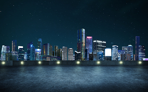 Empty asphalt roof top with modern city skyline , night scene