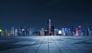 Panorama of skyscrapers in a modern city at night