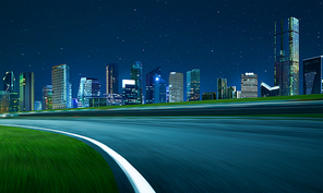 Side view asphalt road on night scene near the modern city . Motion blur effect apply .