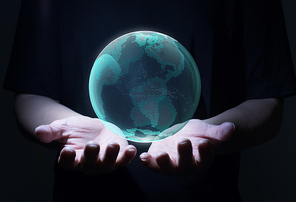 Men two hand holding the floating digital glass planet earth . Global business technologies concept. 3D rendering  .