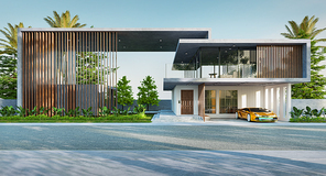Modern cozy house in luxury style with brand-less generic concept sport car and tropical plants. Tranquil morning. 3d rendering