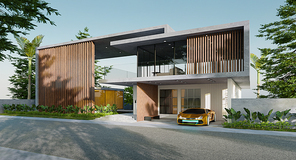 Modern cozy house in luxury style with brand-less generic concept sport car and tropical plants. Tranquil morning. 3d rendering
