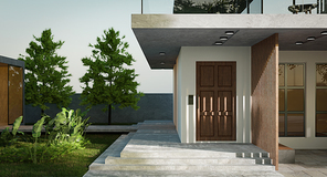 Modern cozy house with wooden door, tropica garden and cement stair. Tranquil morning. 3d rendering