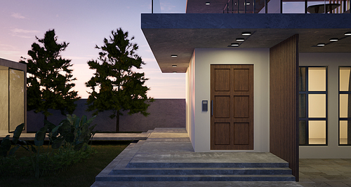 Modern cozy house with wooden door, tropica garden and cement stair. Evening scene. 3d rendering