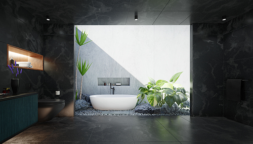 Luuxury style bathroom interior with black marble and white cement. 3D rendering