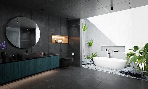 Luuxury style bathroom interior with black marble and white cement. 3D rendering