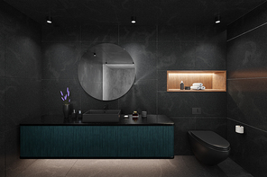 Black elegant design of modern bathroom interior. 3d rendering