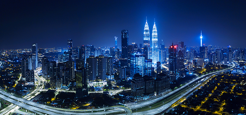 Panorama aerial view in the middle of Kuala Lumpur cityscape skyline .Night scene .