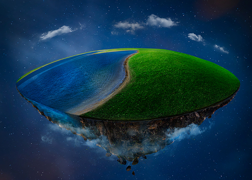Fantasy island floating in the air with green field and lake. Night scene .
