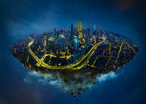 Fantasy island floating in the air with modern city skyline , Night scene .