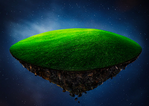 Fantasy island floating in the air with green field . Night scene .