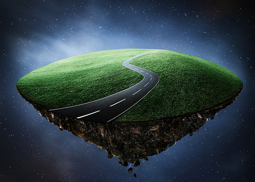 Fantasy island floating in the air with curvy asphalt highway and green field . Night scene .