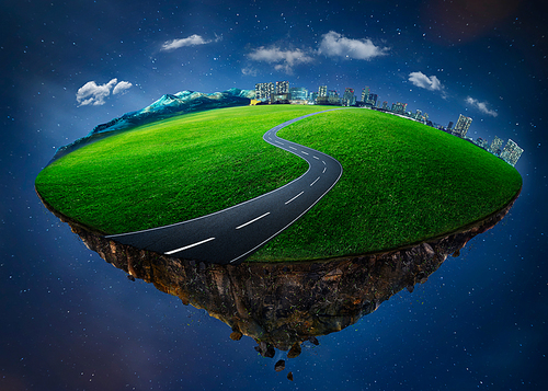 Fantasy island floating in the air with city skyline, green field, mountain and curvy asphalt highway . Night scene .