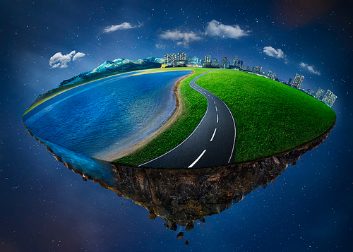 Fantasy island floating in the air with city skyline, green field, lake, mountain and curvy asphalt highway . Night scene .