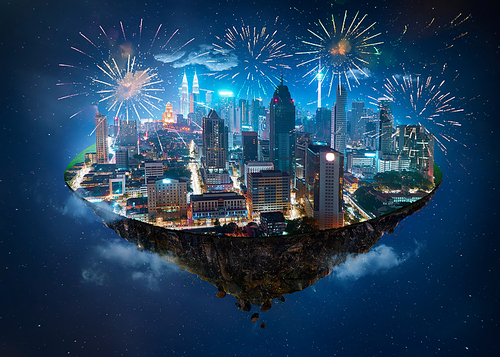 Fantasy island floating in the air with modern city skyline and lake garden, Night scene with firework celebration.