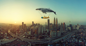 Whale floats in the sky and carrying a plane with two young little sister . Travel concept.