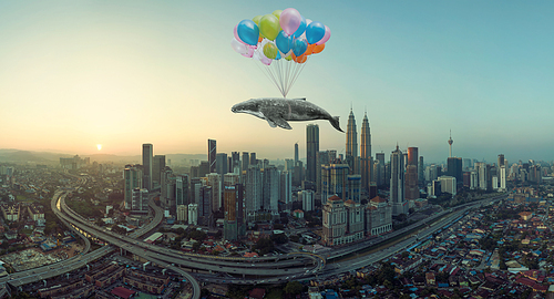 Whale floats in the air above the clouds with bunch of colorful balloons .