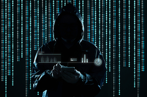 Unrecognizable hacker using mobile phone portrait, mobile phone security and technology crime concept .