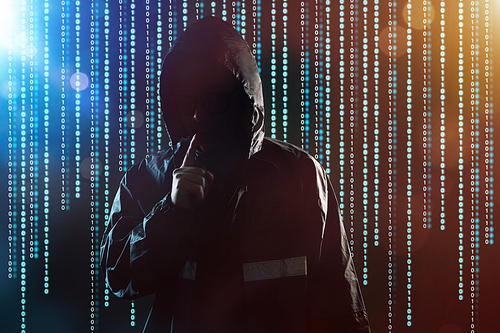 Unrecognizable hacker portrait, security and technology crime concept .