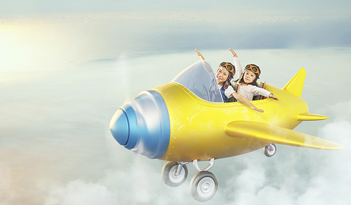Two sisters fly in sky with retro cute airplane . Dreams come true  imagination concept .