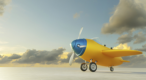 Side angle view of retro cute yellow and blue two seat airplane park at the airport runway. Evening scene .3D rendering .