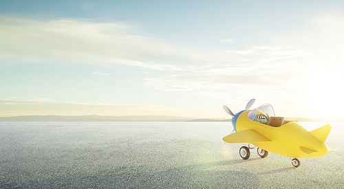 Retro cute yellow and blue two seat airplane park at the asphalt road.Morning scene . 3D rendering .