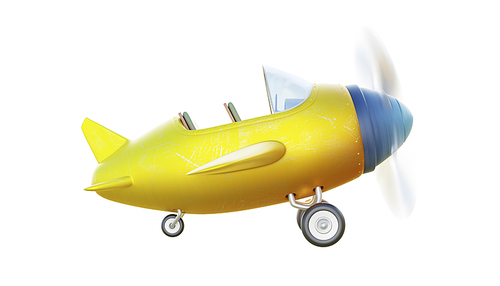 Side angle view of retro cute yellow and blue two seat airplane isolated on white .3D rendering .