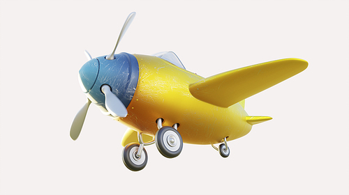 Low angle view of retro cute yellow and blue two seat airplane isolated on white. 3D rendering .