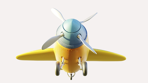 Front and low angle view of retro cute yellow and blue two seat airplane isolated on white. 3D rendering .