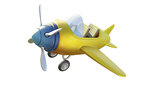 Top angle view of retro cute yellow and blue two seat airplane isolated on white. 3D rendering .