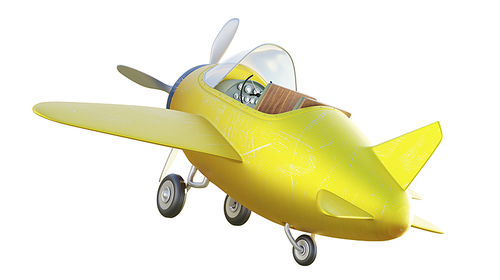 Rear angle view of retro cute yellow and blue two seat airplane isolated on white. 3D rendering .