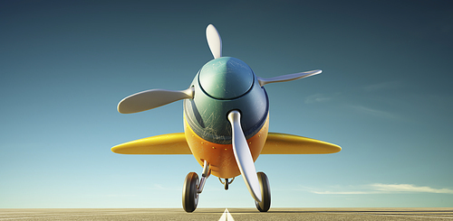 Front and low angle view of retro cute yellow and blue two seat airplane park at the airport runway. Evening scene .3D rendering .