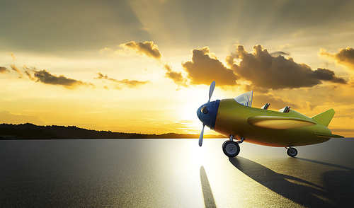 Side angle view of retro cute yellow and blue two seat airplane .Sunrise scene . 3D rendering .