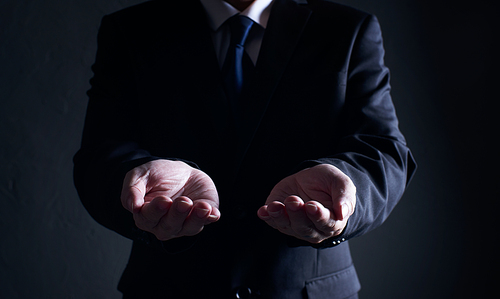 Closeup businessman open and holding hand gesture pose .