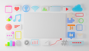 Blank white board with social media, busienss marketing and iot app icon. 3d rendering