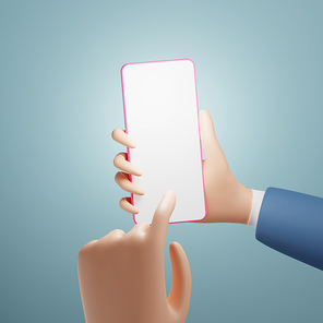 Cartoon hand using smartphone isolated on light blue background. 3d rendering